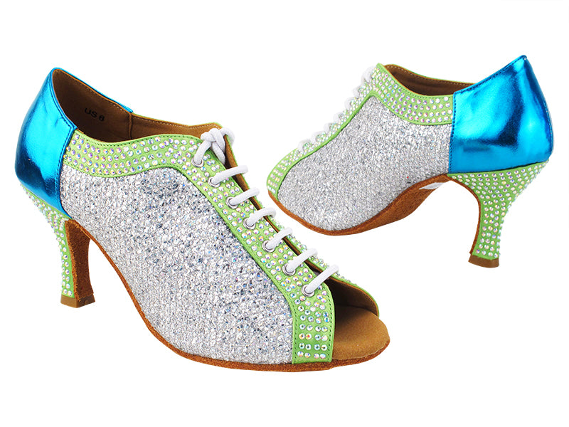 C1643CC 137 Light Green Satin_H_RS_131 Metallic Blue_B_129 Silver Sparklenet_M with 2.75&quot; Heel (11006) in the photo