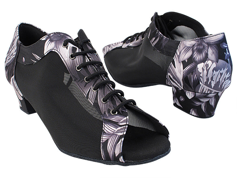 C1643 199 Black Grey Flower Satin_Black Mesh with women&