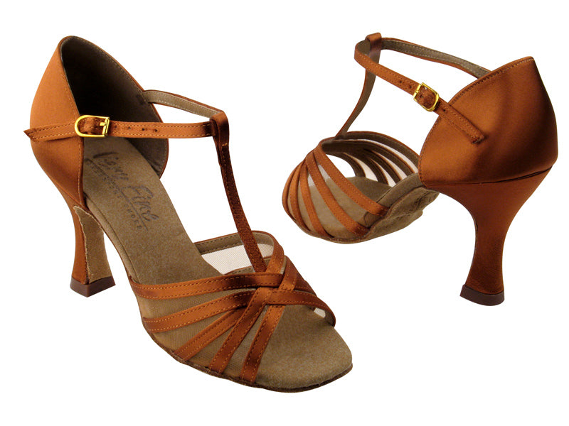C16612 Dark Tan Satin &amp; Flesh Mesh with 3" Flare heel in the photo