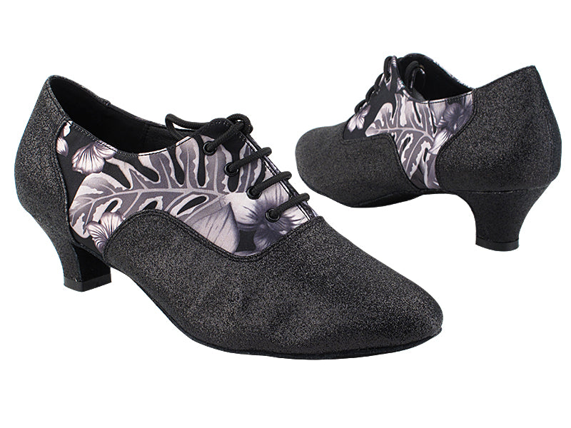 C1688 199 Black Grey Flower Satin_M_12 Black Stardust_BF with 1.2&quot; Cuban Heel (5028) in the photo