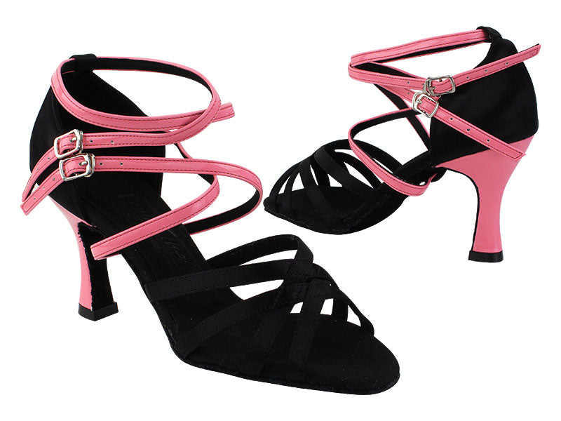 C5008 Black Satin_F_B_225 Fluorescent Pink_H_S with 3&quot; Heel (YQG) in the photo