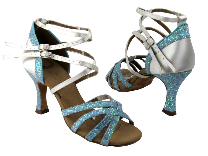 C5008Mirage BF23 Light Blue Sparkle_BD13 White Satin with 3&quot; Flare heel in the photo