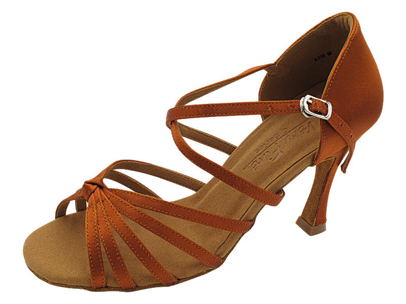 C6005X Copper Tan Satin with 3" Flare Heel in the photo