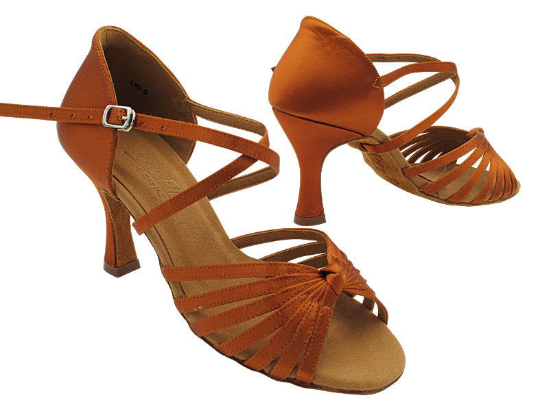 C6007X Copper Tan Satin with 3" Flare Heel in the photo