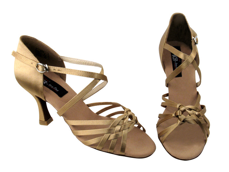 CD2151 Tan Satin with 3" Flare heel in the photo