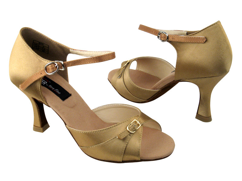 CD2158 Tan Satin with 3&quot; Flare heel in the photo