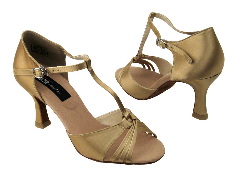 CD2165 Tan Satin with 3&quot; Flare heel in the photo