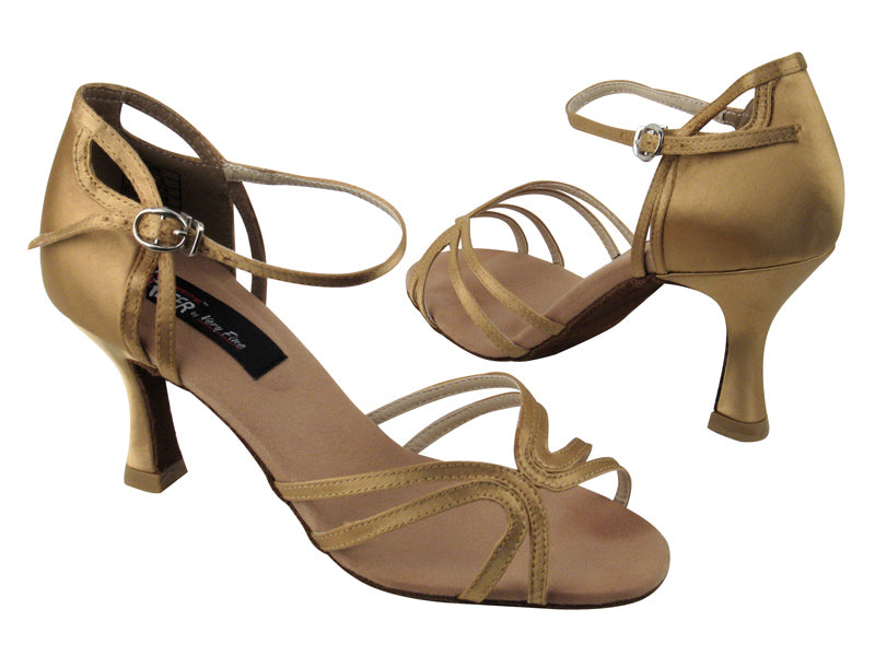 CD2177 Tan Satin with 3&quot; Flare heel in the photo