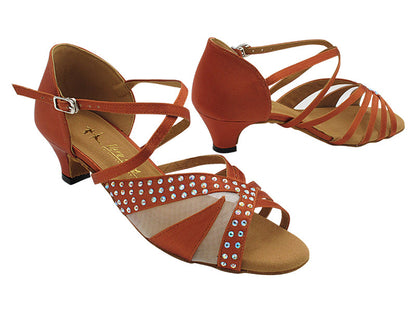 CD2805LEDSS 210 Dark Tan Satin &amp; Flesh Mesh with 1.3&quot; Cuban Heel (387) in the photo