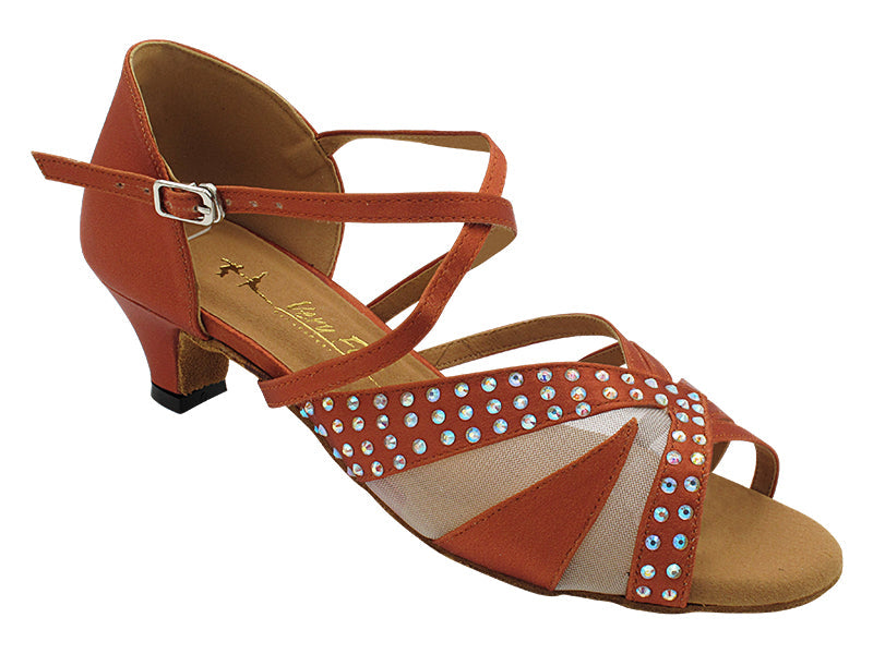 CD2805LEDSS 210 Dark Tan Satin &amp; Flesh Mesh with 1.3&quot; Cuban Heel (387) in the photo