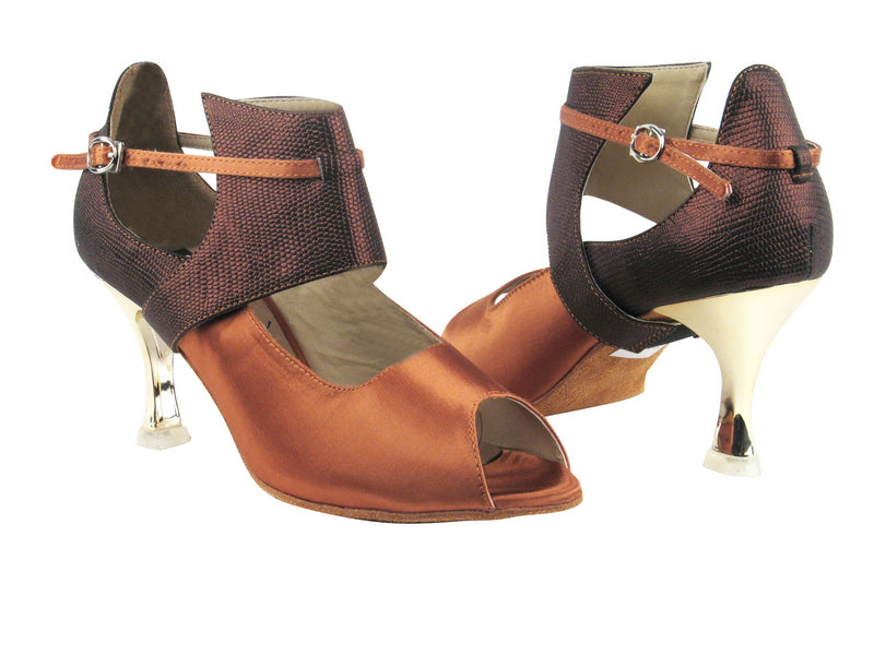 CD3001 Dark Tan Satin &amp; Copper with 3&quot; Gold Plated Flare Heel in the photo