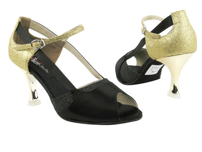 CD3006 Black Satin &amp; Gold with 3&quot; Gold Plated Flare Heel in the photo