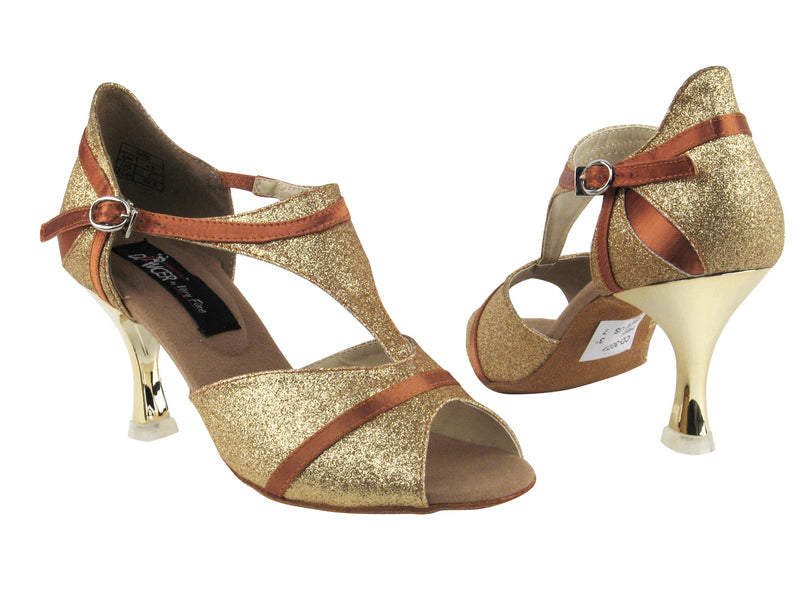 CD3007 Gold &amp; Dark Tan Satin Trim with 3&quot; Gold Plated Flare Heel in the photo