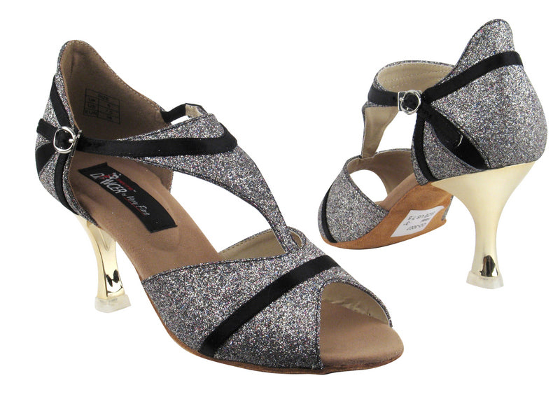 CD3007 Party Stardust &amp; Black Satin Trim with 3&quot; Gold Plated Flare Heel in the photo