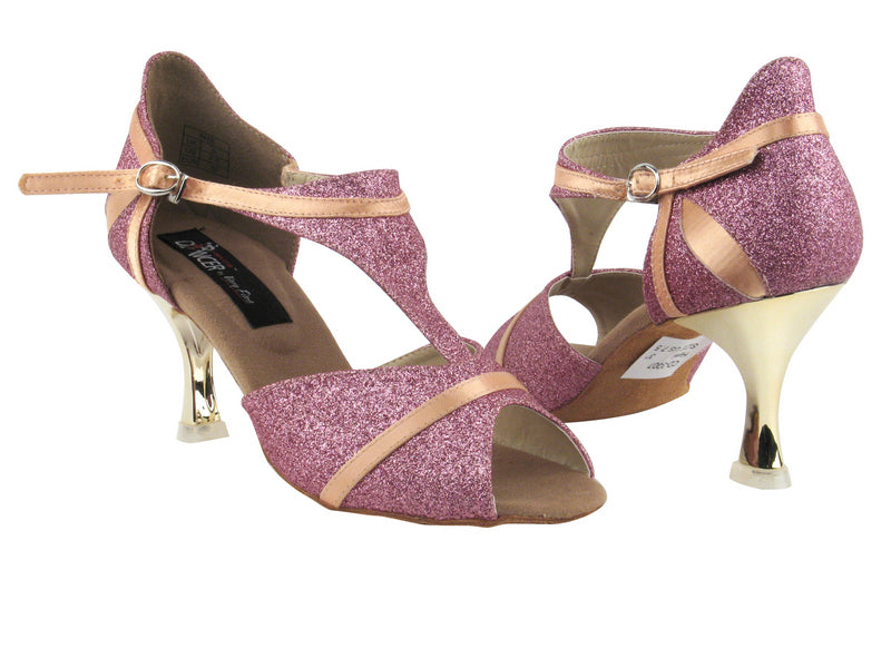 CD3007 Rose &amp; Beige Satin Trim with 3&quot; Gold Plated Flare Heel in the photo