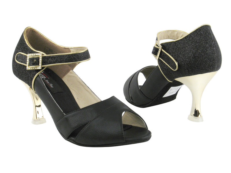 CD3010 Black &amp; Black Stardust with 3&quot; Gold Plated Flare Heel in the photo