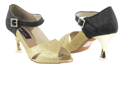 CD3010 Gold Stardust &amp; Black Stardust with 3&quot; Gold Plated Flare Heel in the photo