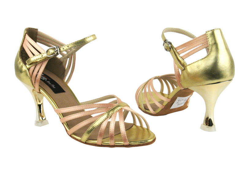 CD3012 Beige Satin &amp; Gold with 3&quot; Gold Plated Flare Heel in the photo