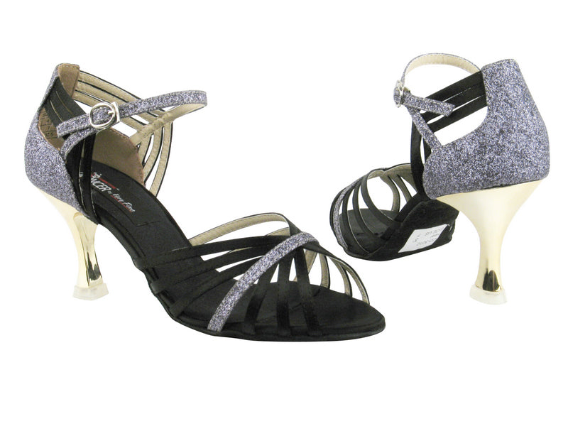 CD3012 Black Satin &amp; Grey Stardust with 3&quot; Gold Plated Flare Heel in the photo