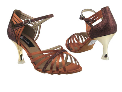 CD3012 Dark Tan Satin &amp; Copper Stardust with 3&quot; Gold Plated Flare Heel in the photo