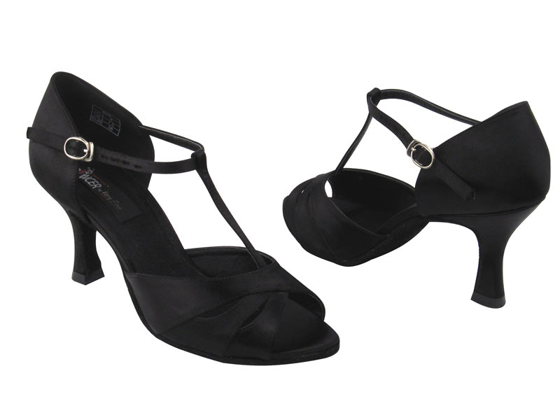 CD6200 Black Satin with 3&quot; Flare heel in the photo