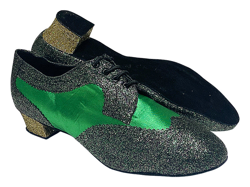 2509LEDSS 13 Green Illusion Scale_F_B_L_75 Green Satin_M_10 Light Gold Scale_H with Men 1.5" Latin Heel in the photo