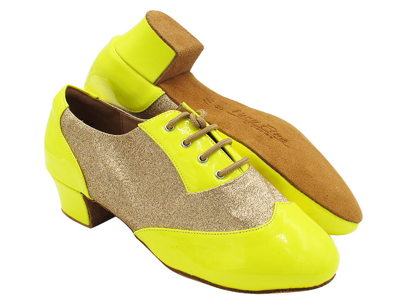 CM100101 226 Yellow Patent_F_B_8 Gold Stardust_Mt with Men 1.5&quot; Latin Heel in the photo