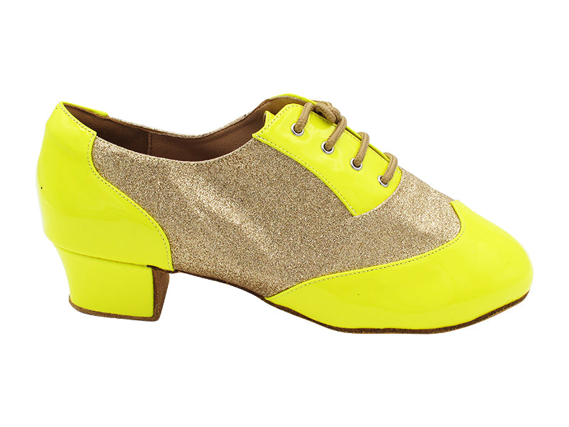 CM100101 226 Yellow Patent_F_B_8 Gold Stardust_Mt with Men 1.5&quot; Latin Heel in the photo