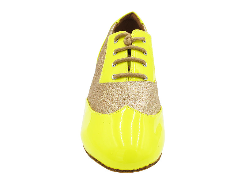 CM100101 226 Yellow Patent_F_B_8 Gold Stardust_Mt with Men 1.5&quot; Latin Heel in the photo