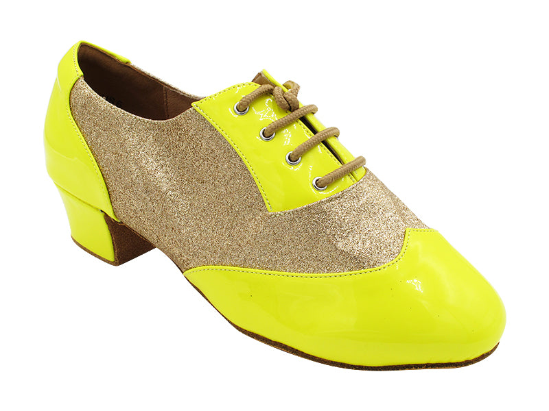 CM100101 226 Yellow Patent_F_B_8 Gold Stardust_Mt with Men 1.5&quot; Latin Heel in the photo