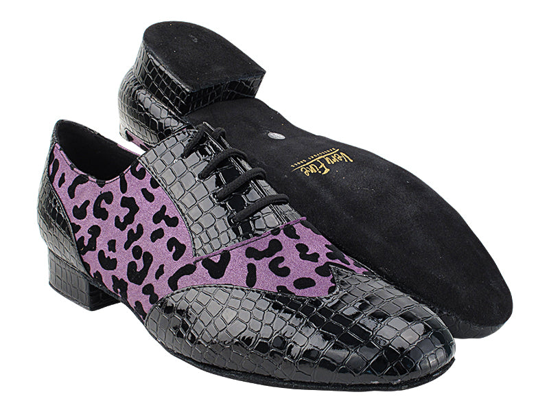 M100101 71 Black Crocodile PU_F_B_249 Purple Leopard Satin_M with Men 1" Standard Heel (2002) in the photo