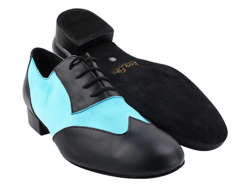 M100101 Black Leather_F_B_230 Light Blue Satin_M with Men 1" Standard Heel (2002) in the photo