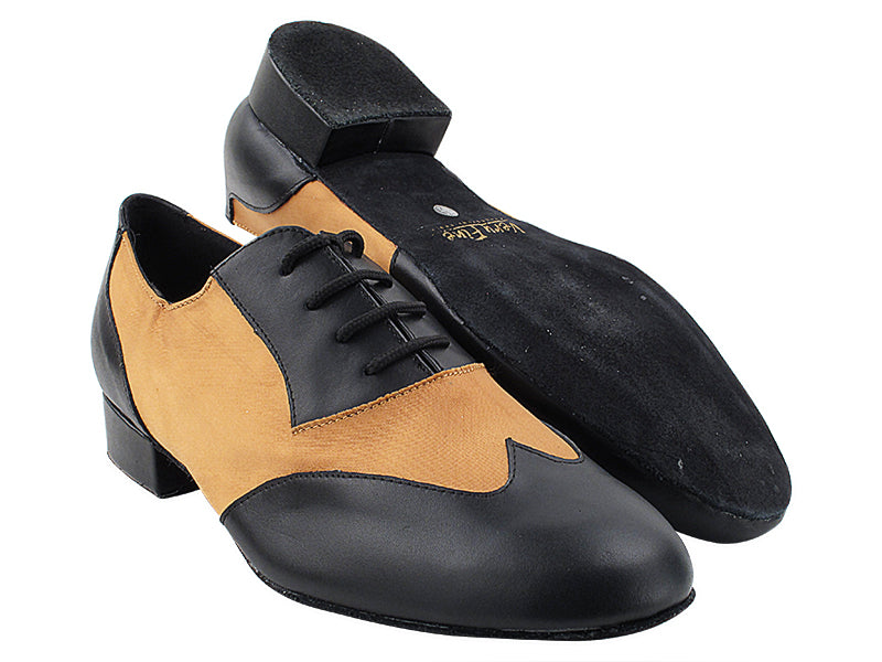 M100101 Black Leather_F_B_231 Dark Tan Satin_M with Men 1" Standard Heel (2002) in the photo