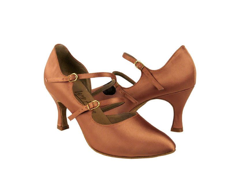 PP201 Tan Satin with 3&quot; Flare heel in the photo