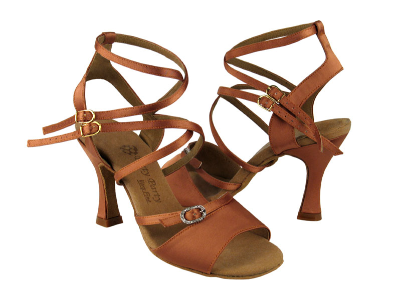 PP202 Dark Tan Satin with 3" Flare heel in the photo