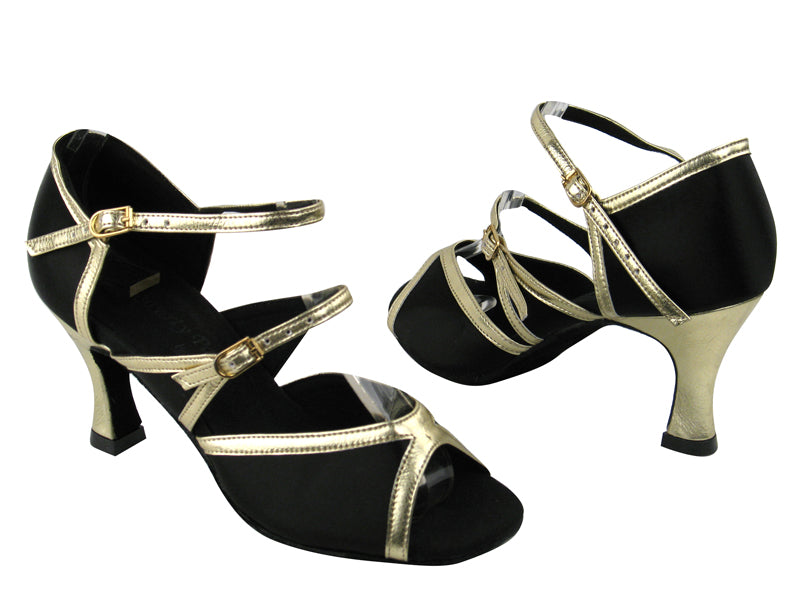 PP207 BD12 Black Satin_BA31 Gold  Leather Trim with 2.75&quot; Flare heel in the photo