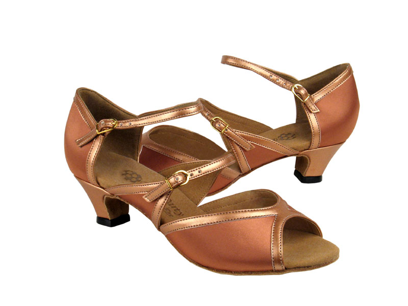 PP207 Tan Satin &amp; Copper Nude Trim with 1.2" cuban heel in the photo