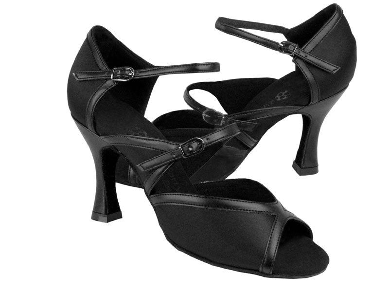 PP207 Black Satin &amp; Black Trim with 3&quot; Flare heel in the photo