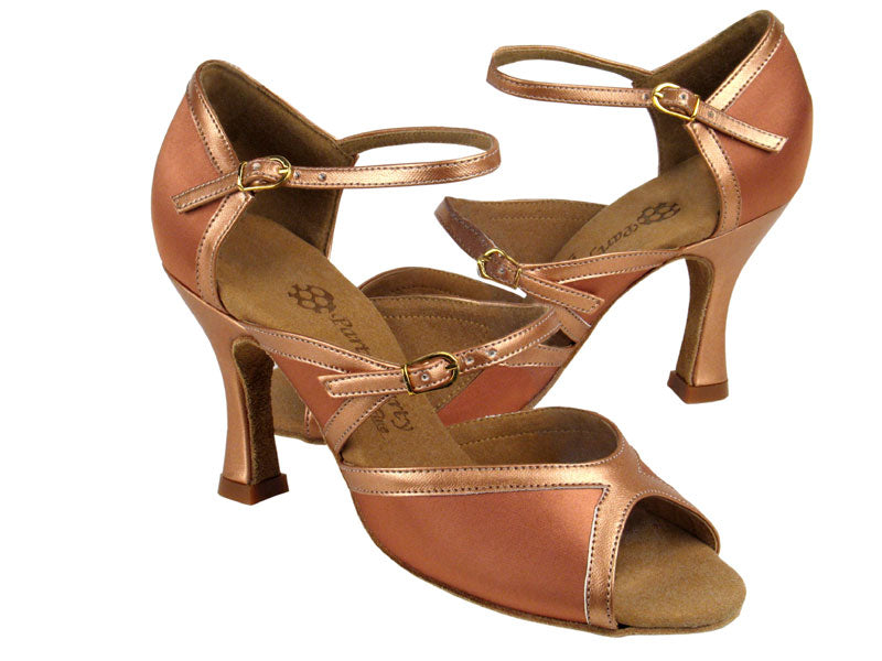 PP207 Tan Satin &amp; Copper Nude Trim with 3&quot; Flare heel in the photo