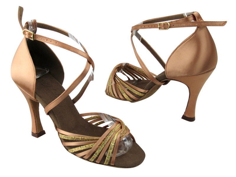 S1001 Gold Scale_Tan Satin with 3.5" Flare heel in the photo