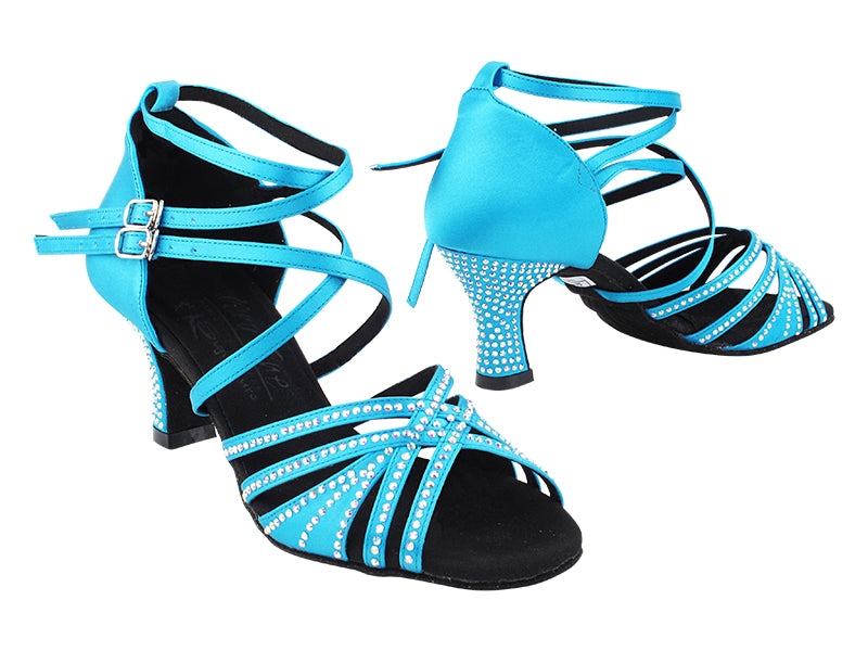 S1006CC 120 Turquoise Blue Satin_Black insole_Rhineston_F_H with 2.5&quot; Spool Heel (PG) in the photo