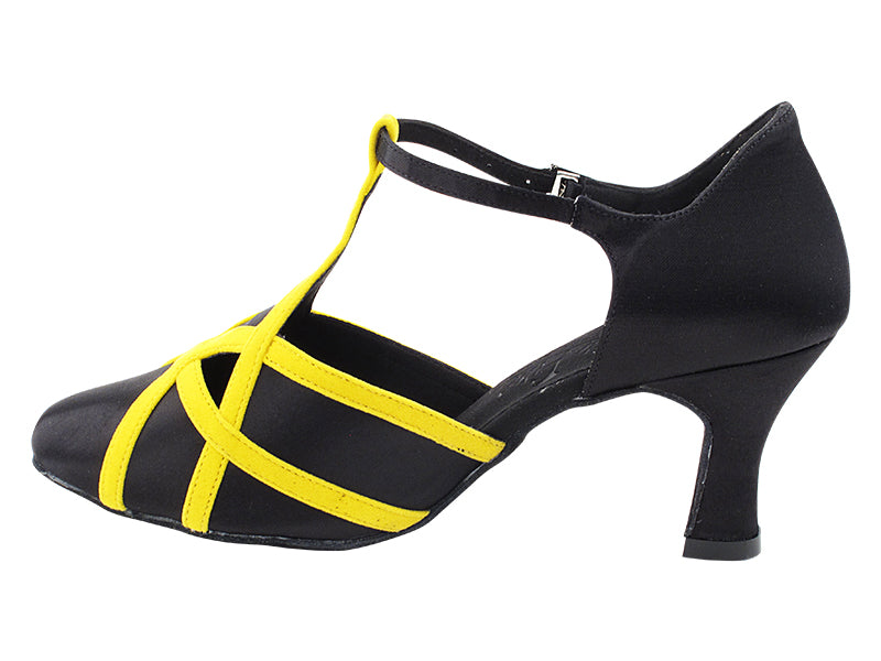 S3801 154 Black Satin_248 Yellow Velvet Trim with 2.5&quot; Spool Heel (PG) in the photo