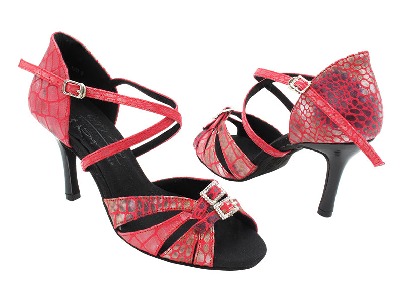 S92307 238 Red Print_Black Patent Heel with 3 inch Slim Heel (6646) in the photo