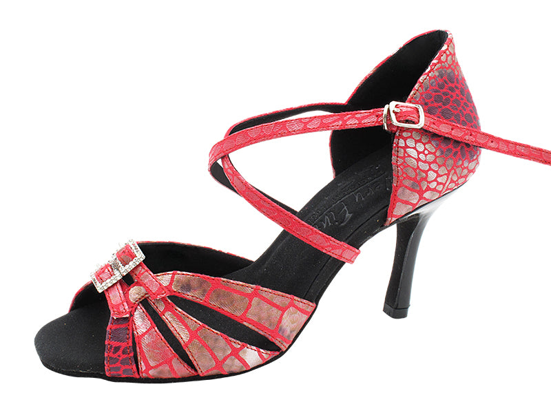 S92307 238 Red Print_Black Patent Heel with 3 inch Slim Heel (6646) in the photo