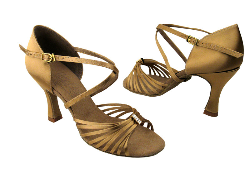 S92308 Tan Satin with 3&quot; Flare heel in the photo