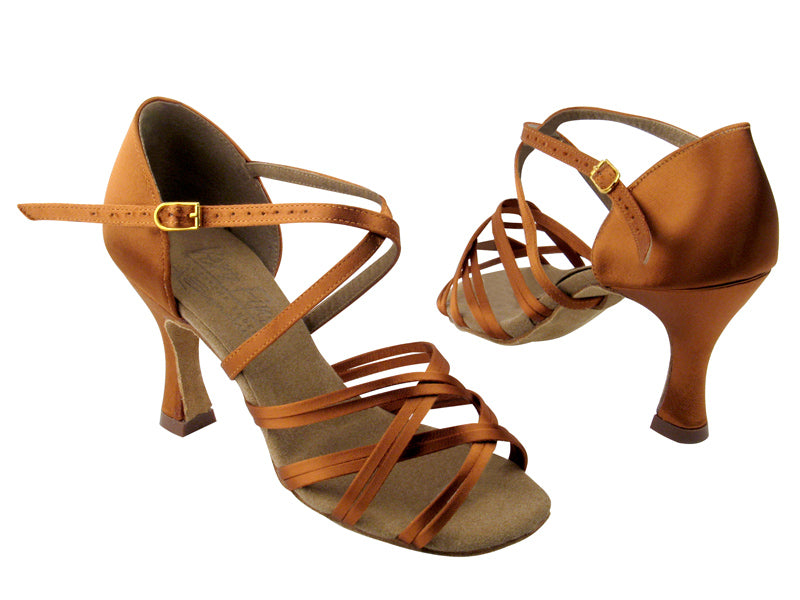 S92313 Dark Tan Satin with 3&quot; Flare heel in the photo