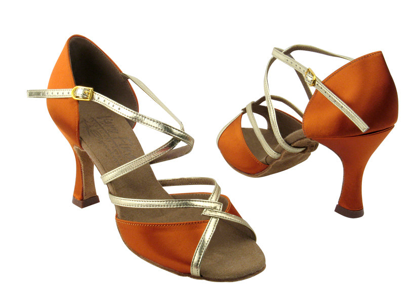 S92318 Dark Tan Satin &amp; Gold Trim with 3&quot; Flare heel in the photo