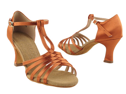 S92319 Dark Tan Satin with 3&quot; Flare heel in the photo