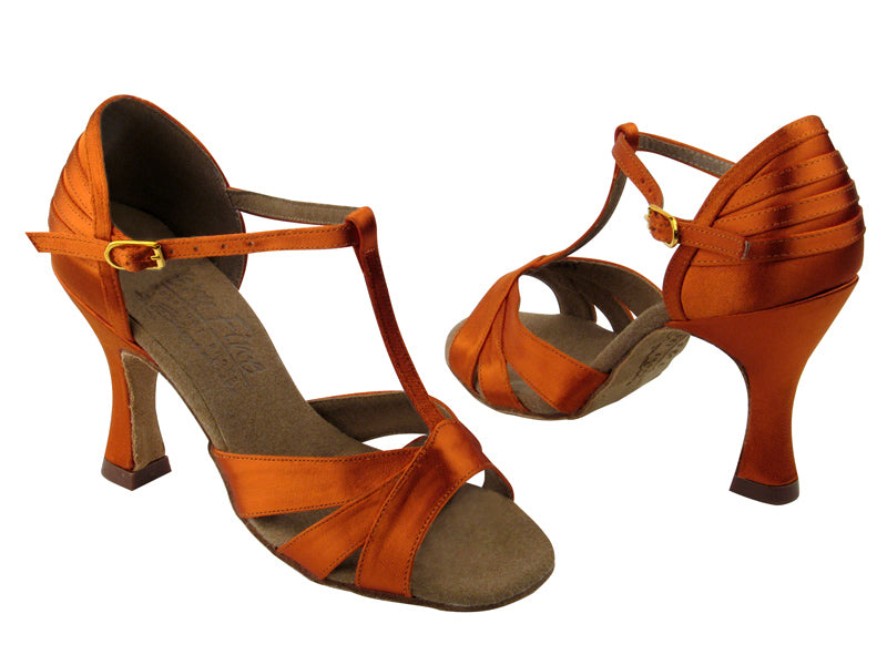 S92325 Dark Tan Satin with 3&quot; Flare heel in the photo