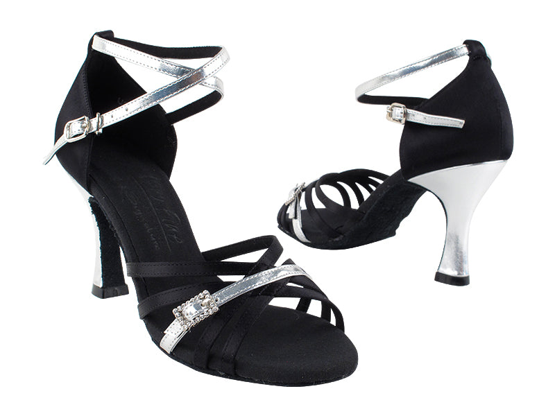 S92327 Black Satin &amp; Silver Trim with 3&quot; Flare heel in the photo